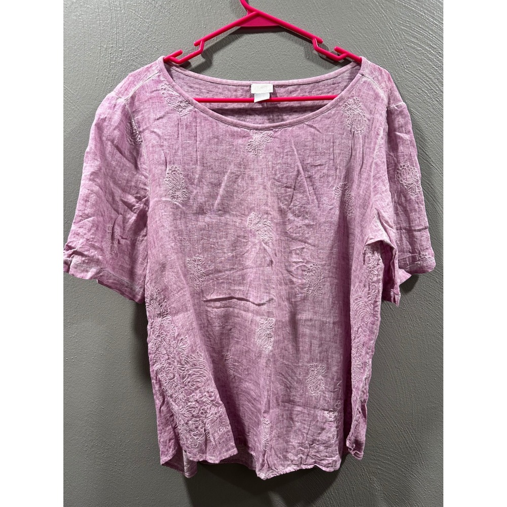 Chicos Linen Embroidered Short Sleeve Top Purple Orchid Size 2 Large 12/14